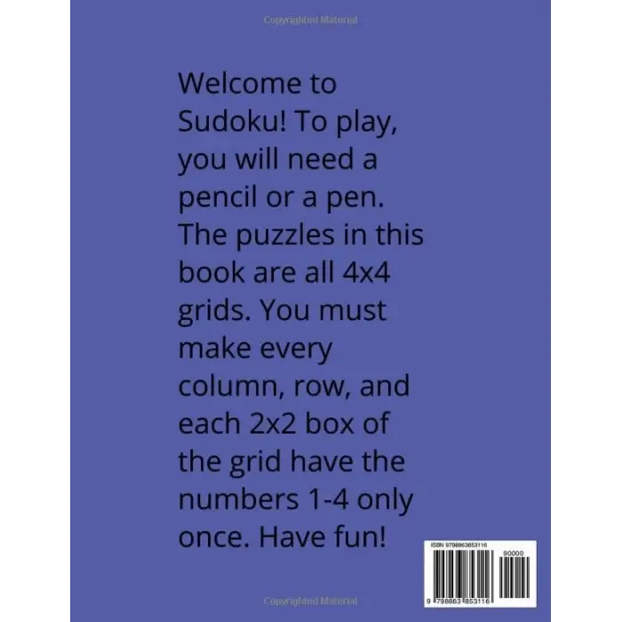 Independently published GIANT Super Easy Blue Sudoku Book, 4x4 Puzzles, 50 Pages, 8.5x11