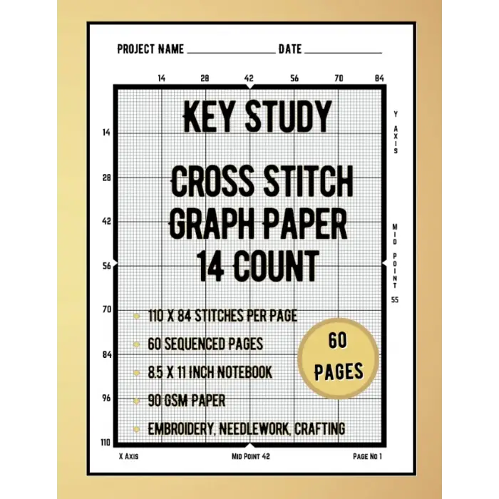 Independently published KEY Study Cross Stitch Graph Paper, 14 Count - 110 x 84 | 8.5 x 11 Inch - 60 Page Notebook: Ideal for Embroidery Patterns, Needlework & DIY Crafting