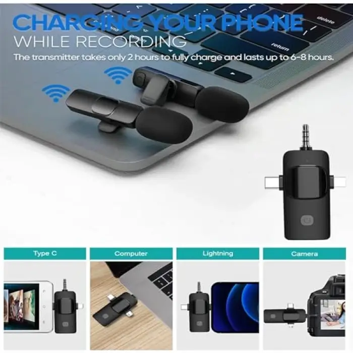 K9-C2 Wireless 3ın1 (Kablosuz Mikrofon) Type-C - Lightning -3,5mm Jak Çiftli Yaka Mikrofonu