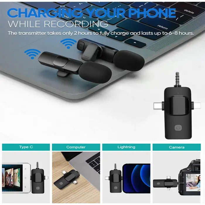 K9-C2 Wireless 3ın1 (Kablosuz Mikrofon) Type-C - Lightning -3,5mm Jak Çiftli Yaka Mikrofonu