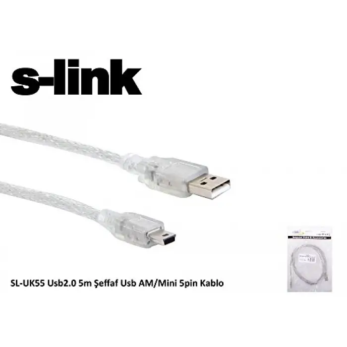 Kablo, SL-UK55 Usb2.0 5m Şeffaf Usb AM/Mini 5pin