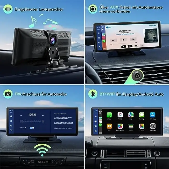Kablosuz Apple Carplay ve Android Auto, 2K Ön Dashcamli Araba Stereo, Bluetooth 5.0/GPS/FM/AUX/Mirror Link/64G TF Card ile Taşınabilir Carplay 9.26 İnç Full HD Dokunmatik Ekran Monitör