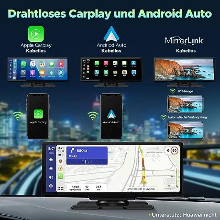 Kablosuz Apple Carplay ve Android Auto, 2K Ön Dashcamli Araba Stereo, Bluetooth 5.0/GPS/FM/AUX/Mirror Link/64G TF Card ile Taşınabilir Carplay 9.26 İnç Full HD Dokunmatik Ekran Monitör