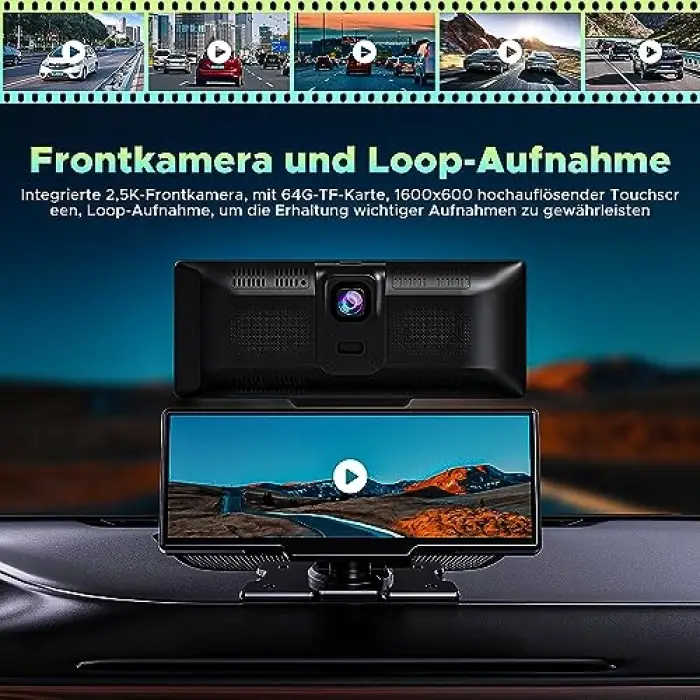 Kablosuz Apple Carplay ve Android Auto, 2K Ön Dashcamli Araba Stereo, Bluetooth 5.0/GPS/FM/AUX/Mirror Link/64G TF Card ile Taşınabilir Carplay 9.26 İnç Full HD Dokunmatik Ekran Monitör