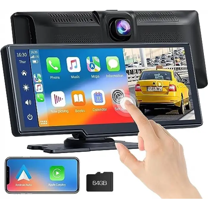 Kablosuz Apple Carplay ve Android Auto, 2K Ön Dashcamli Araba Stereo, Bluetooth 5.0/GPS/FM/AUX/Mirror Link/64G TF Card ile Taşınabilir Carplay 9.26 İnç Full HD Dokunmatik Ekran Monitör