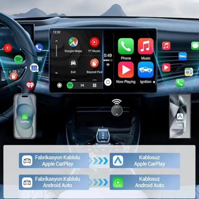 Kablosuz CarPlay Android Auto Kabloludan Kablosuza Çevirici USB ve Type-C Adaptör