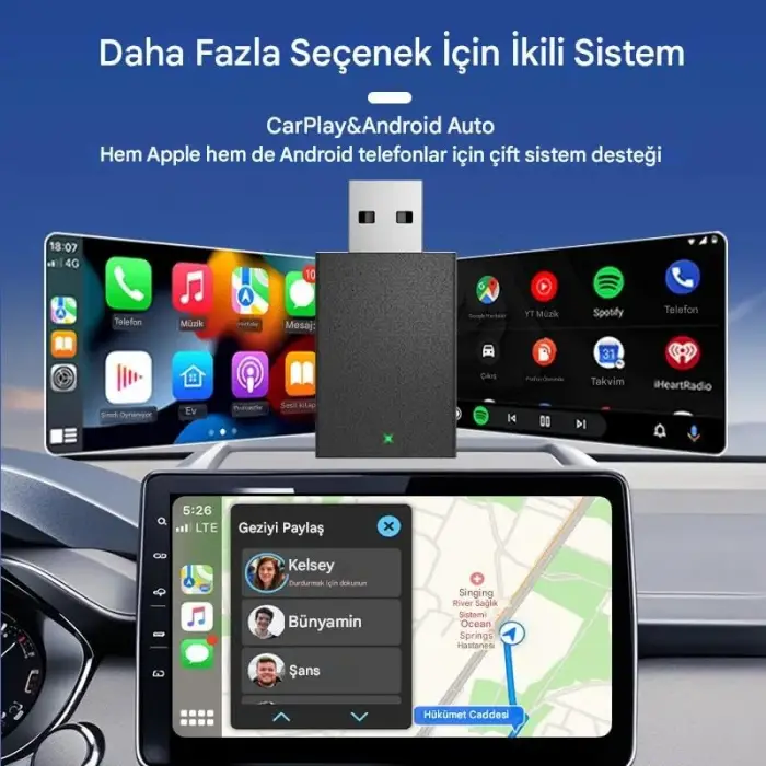 Kablosuz CarPlay ve Android Auto Adaptörü, 2’si 1 Arada, 5G WiFi ve Bluetooth 5.0, Tak Çalıştır