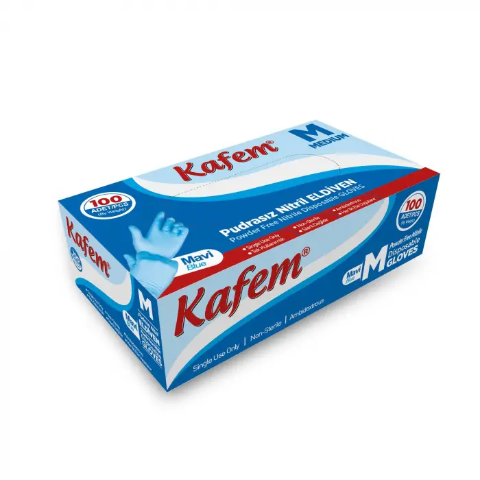 Kafem Mavi Nitril Eldiven Pudrasız (M) 100 Lü X 5 Paket
