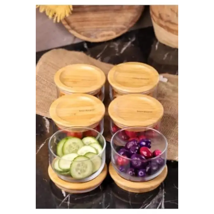 Kahvaltılık, Duo 300 ml 6lı Bambu Tepsili Bambu Vakumlu Kapaklı Cam