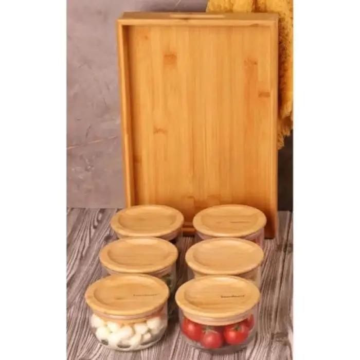 Kahvaltılık, Duo 300 ml 6lı Bambu Tepsili Bambu Vakumlu Kapaklı Cam