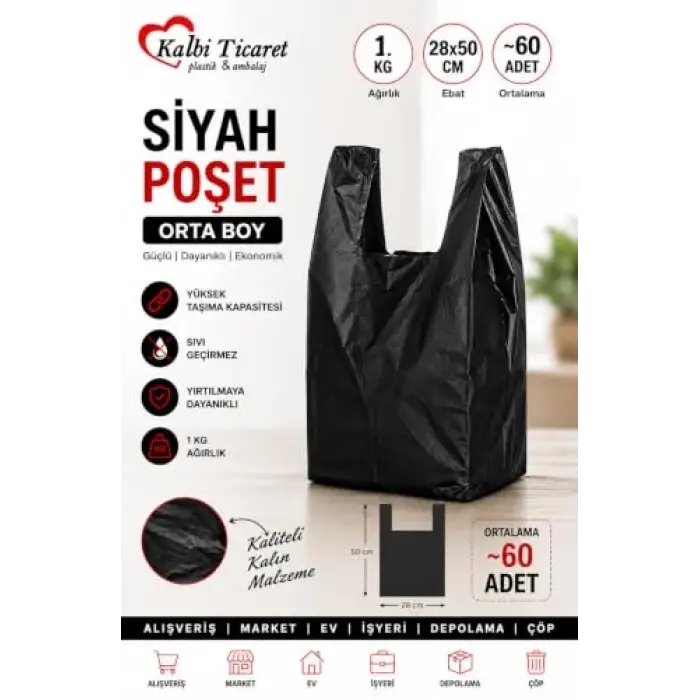 Kalın Siyah Orta Boy 1 Kg Hışır Atlet Poşet
