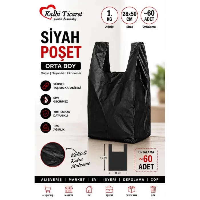 Kalın Siyah Orta Boy 1 Kg Hışır Atlet Poşet
