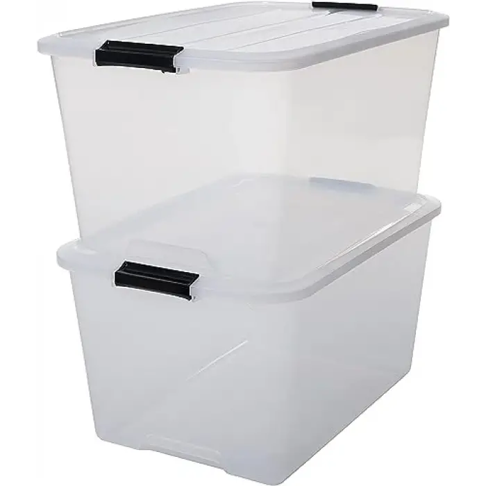Kapaklı Plastik Saklama Kutuları, 45L, 2li Set, Şeffaf