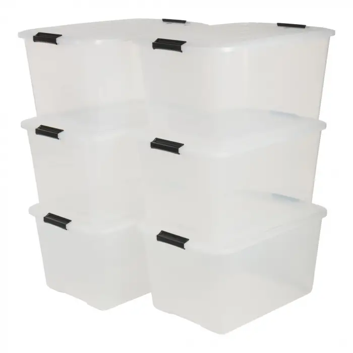 Kapaklı Plastik Saklama Kutuları, 45L, 6lı Set, Şeffaf