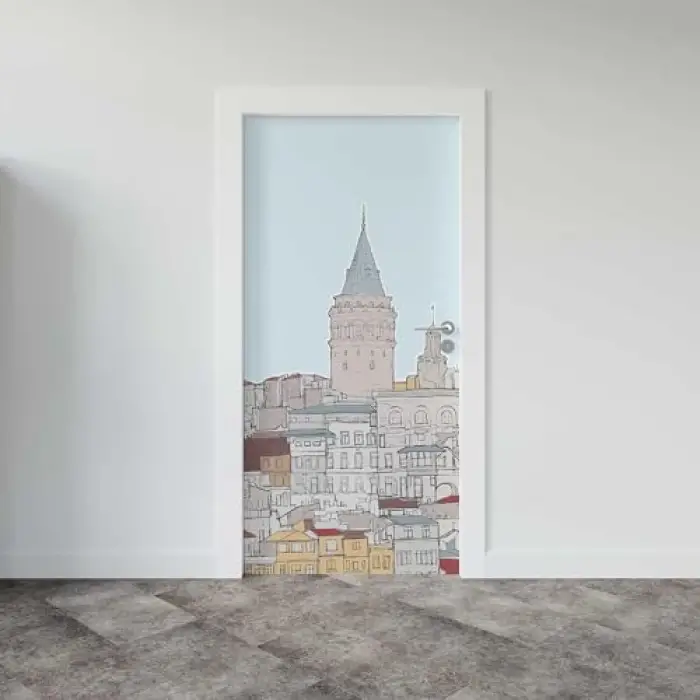 Kapı Giydirme Kapı Sticker Folyosu Galata Kulesi Çizim