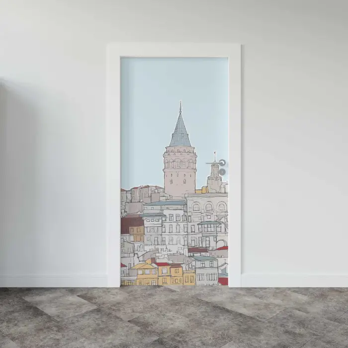Kapı Giydirme Kapı Sticker Folyosu Galata Kulesi Çizim