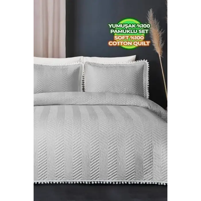 Kapitone Ponponlu Tek Kişilik Yatak Örtüsü Gri