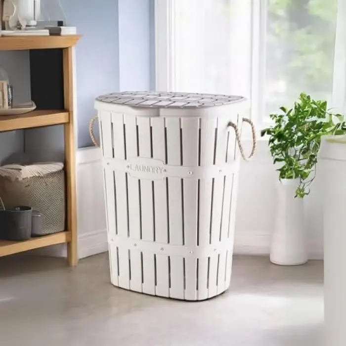 Kastamonu Plastik Bambu Halatlı Kirli Çamaşır Sepeti 65 L-BEYAZ