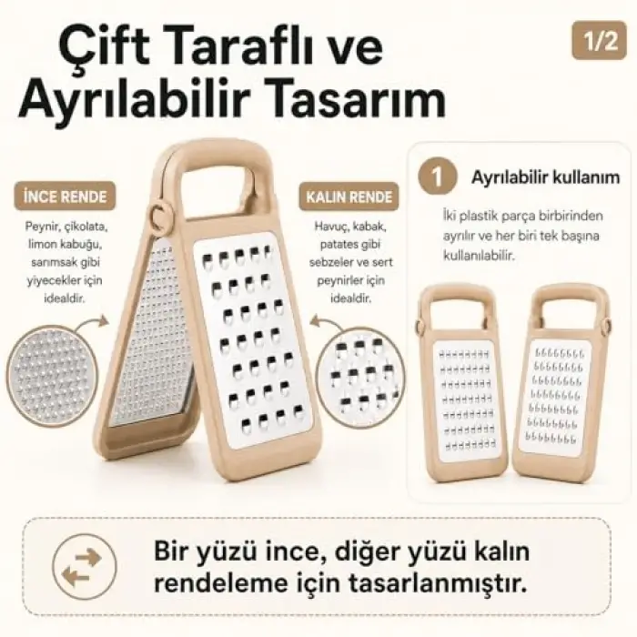 Katlanabilir Ayrılabilir Rende, Çift Taraflı İnce ve Kalın Rendeleme, Paslanmaz Çelik Bıçaklı, Abs Plastik Gövde, Bulaşık Makinesinde Yıkanabilir, Bpa İçermez (Bej)
