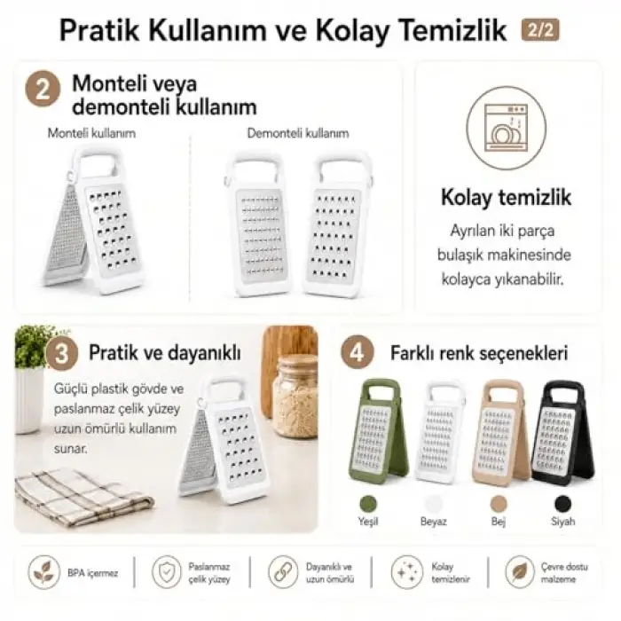 Katlanabilir Ayrılabilir Rende, Çift Taraflı İnce ve Kalın Rendeleme, Paslanmaz Çelik Bıçaklı, ABS Plastik Gövde, Bulaşık Makinesinde Yıkanabilir, BPA İçermez (Beyaz)