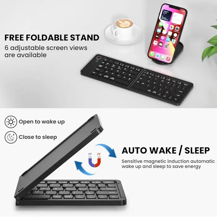 Katlanabilir Kablosuz Bluetooth Klavye, 67 Tuş Makas Mekanizmalı, iOS Android Windows Uyumlu, USB-C Şarjlı, 150 mAh Batarya, 10 m Menzil, Çift Katlanır Taşınabilir Tasarım | (B028 Siyah)