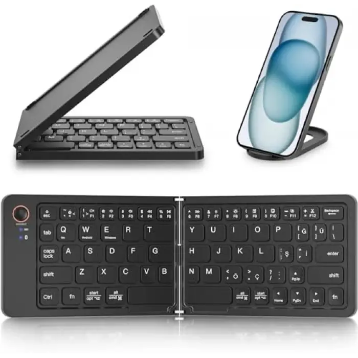 Katlanabilir Kablosuz Bluetooth Klavye, 67 Tuş Makas Mekanizmalı, iOS Android Windows Uyumlu, USB-C Şarjlı, 150 mAh Batarya, 10 m Menzil, Çift Katlanır Taşınabilir Tasarım | (B028 Siyah)