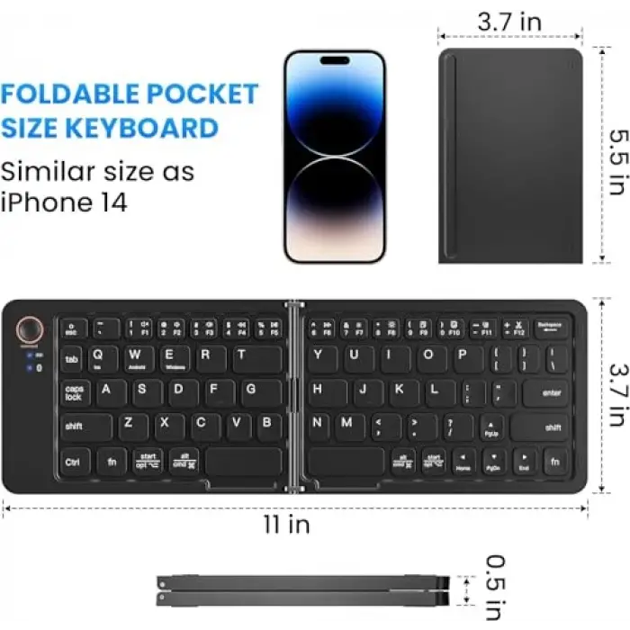 Katlanabilir Kablosuz Bluetooth Klavye, 67 Tuş Makas Mekanizmalı, iOS Android Windows Uyumlu, USB-C Şarjlı, 150 mAh Batarya, 10 m Menzil, Çift Katlanır Taşınabilir Tasarım | (B028 Siyah)