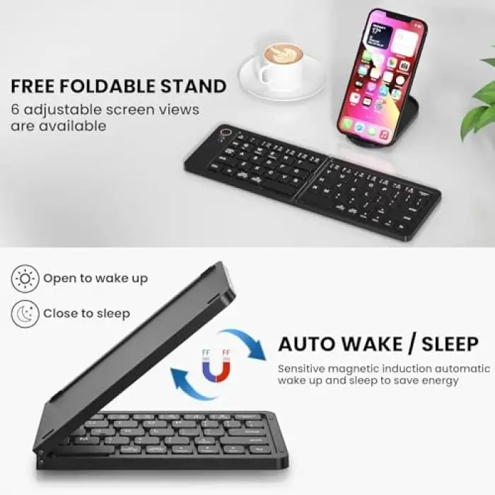 Katlanabilir Kablosuz Bluetooth Klavye, 67 Tuş Makas Mekanizmalı, iOS Android Windows Uyumlu, USB-C Şarjlı, 150 mAh Batarya, 10 m Menzil, Çift Katlanır Taşınabilir Tasarım | (B028 Siyah)