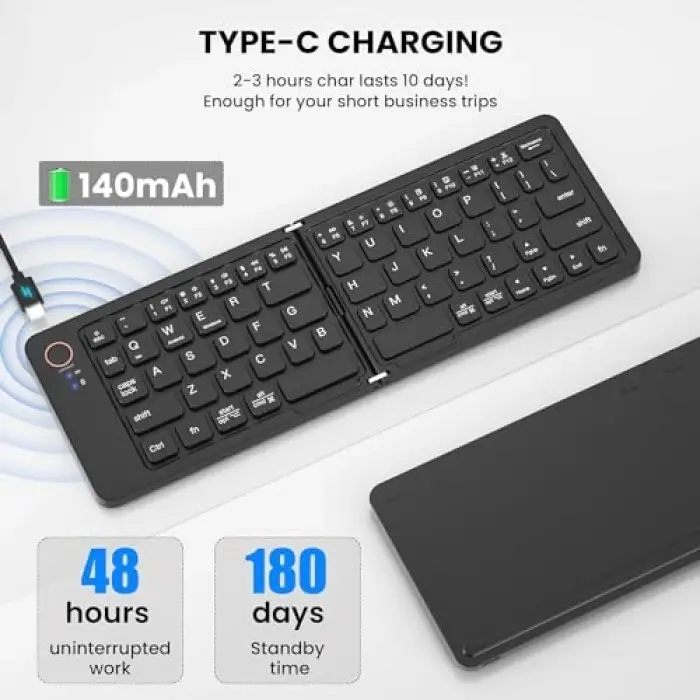 Katlanabilir Kablosuz Bluetooth Klavye, 67 Tuş Makas Mekanizmalı, iOS Android Windows Uyumlu, USB-C Şarjlı, 150 mAh Batarya, 10 m Menzil, Çift Katlanır Taşınabilir Tasarım | (B028 Siyah)