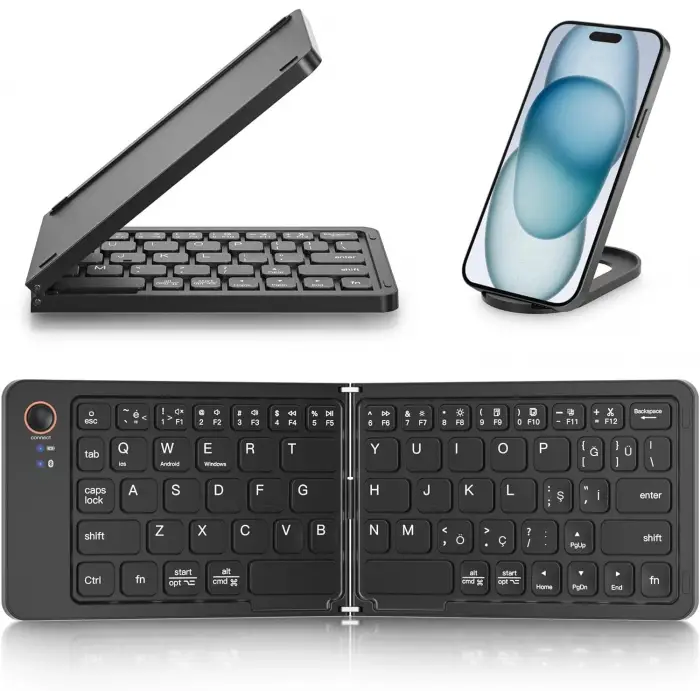 Katlanabilir Kablosuz Bluetooth Klavye, 67 Tuş Makas Mekanizmalı, iOS Android Windows Uyumlu, USB-C Şarjlı, 150 mAh Batarya, 10 m Menzil, Çift Katlanır Taşınabilir Tasarım | (B028 Siyah)