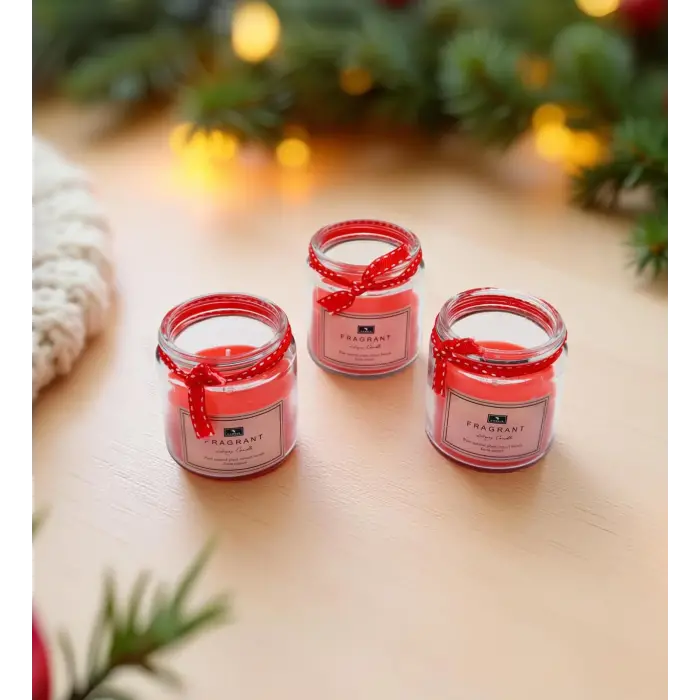 Kavanozda Kırmızı Mum, 3lü Set; Kurdeleli