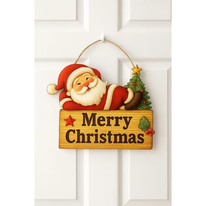 Keyifli Noel Baba Yılbaşı Ahşap Kapı Süsü Noel Kapı Süsü, Yılbaşı Süsü Yılbaşı Temalı Hediyeler (25-20 cm)