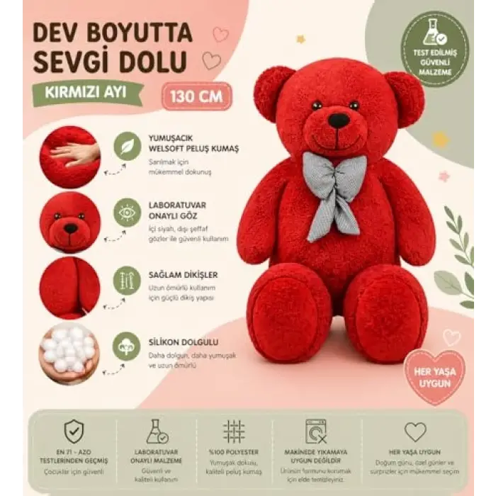 Kırmızı Papyonlu Dev Pelüş Ayıcık, 130cmKırmızı