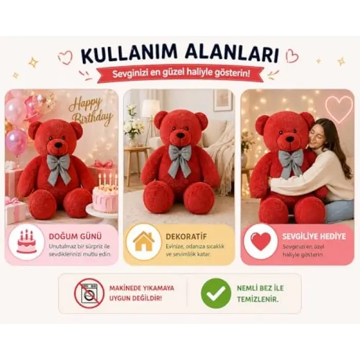 Kırmızı Papyonlu Dev Pelüş Ayıcık, 130cmKırmızı