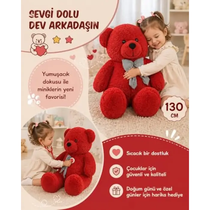 Kırmızı Papyonlu Dev Pelüş Ayıcık, 130cmKırmızı