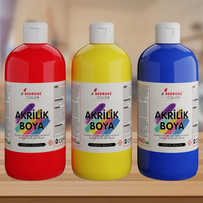 Kırmızı, Sarı Akrilik Boya 3lü Set 3x500 g, Mavi