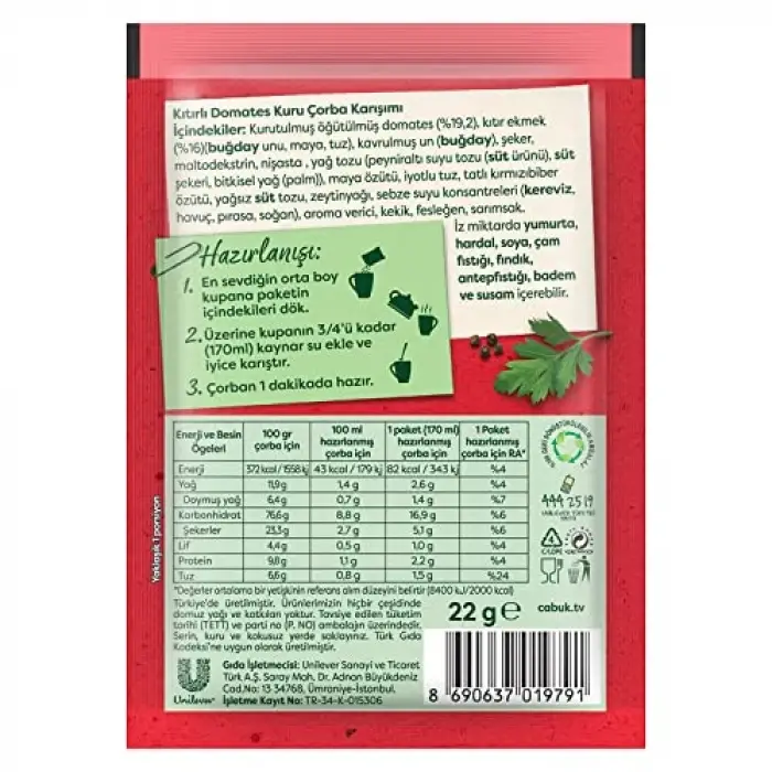 Kıtır parçalı domates çorbası, 22 g