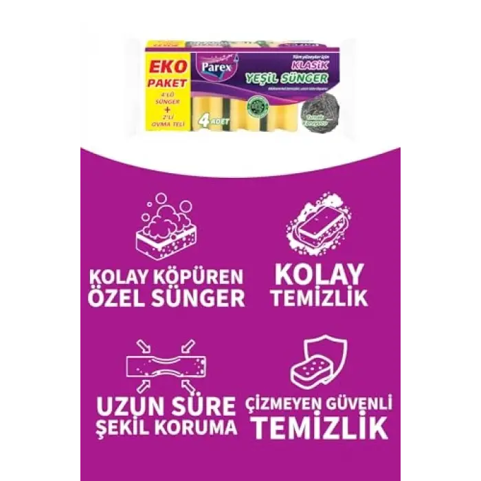 Klasik Yeşil Sünger Oluklu 4lü + 2’li Ovma Teli