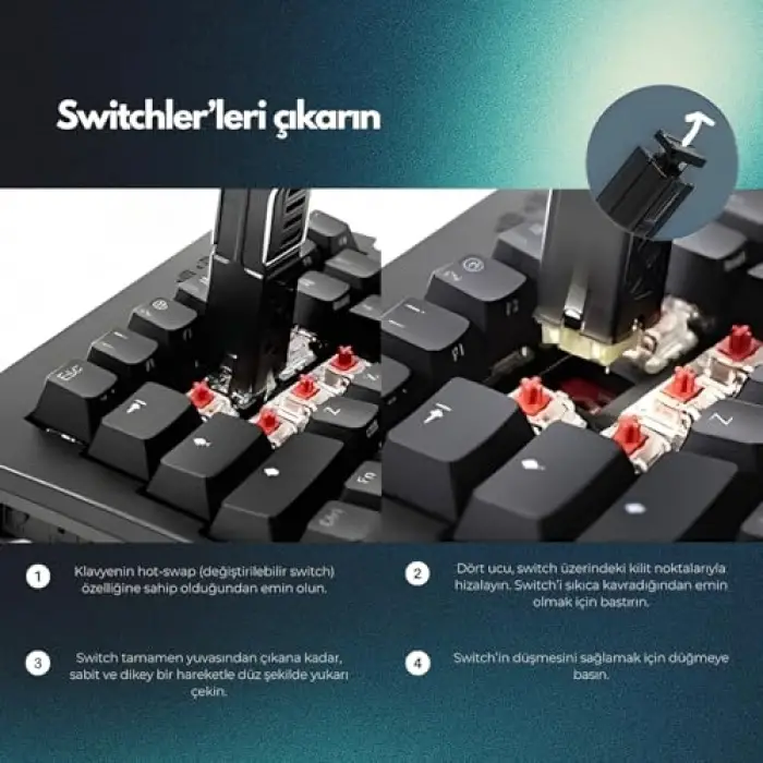 Klasse Keycap ve Switch Puller, 2si 1 Arada Klavye Tuş ve Switch Sökme Aparatı (Dark)