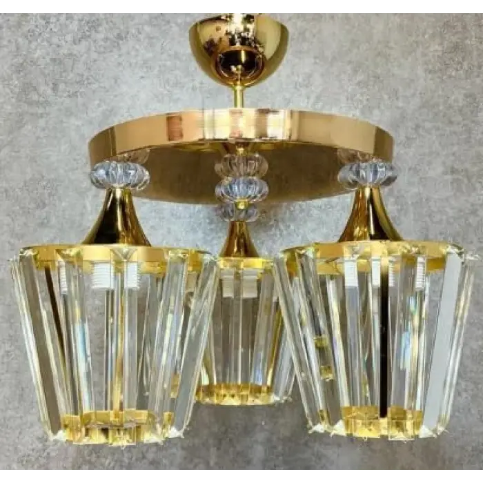 Konık 3lü Modern Kristal Avize Gold