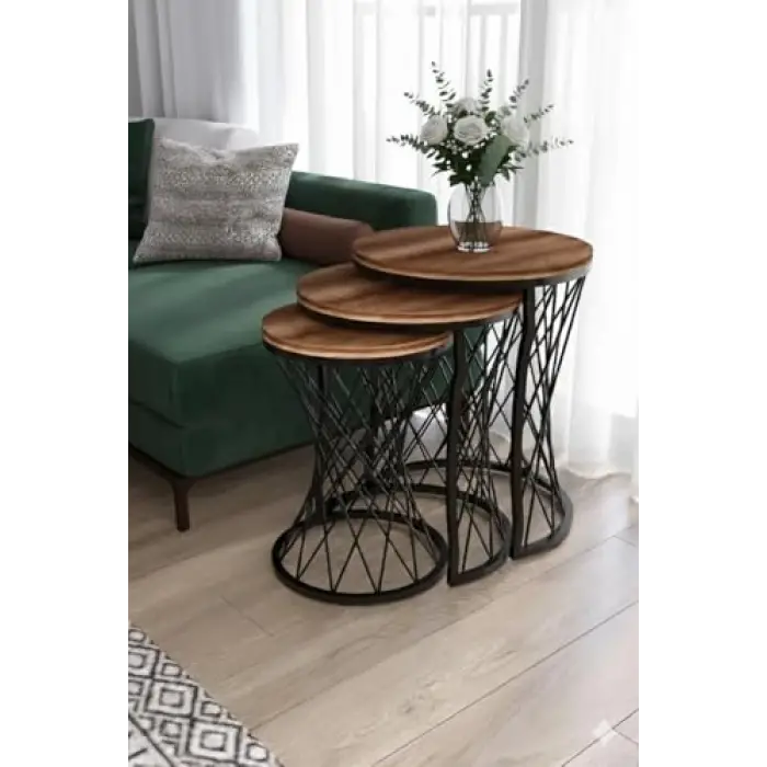 Koyu Ahşap Tablalı, Hasır Telli Model Statik Zigon Sehpa