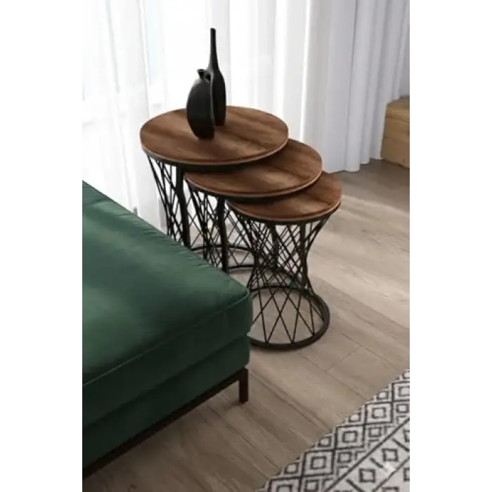 Koyu Ahşap Tablalı, Hasır Telli Model Statik Zigon Sehpa