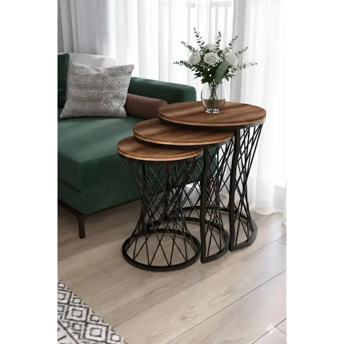 Koyu Ahşap Tablalı, Hasır Telli Model Statik Zigon Sehpa
