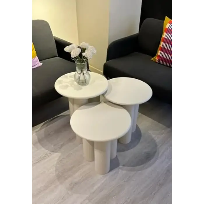 Krem renkli 3lü set mantar yan sehpa