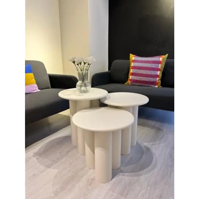 Krem renkli 3lü set mantar yan sehpa