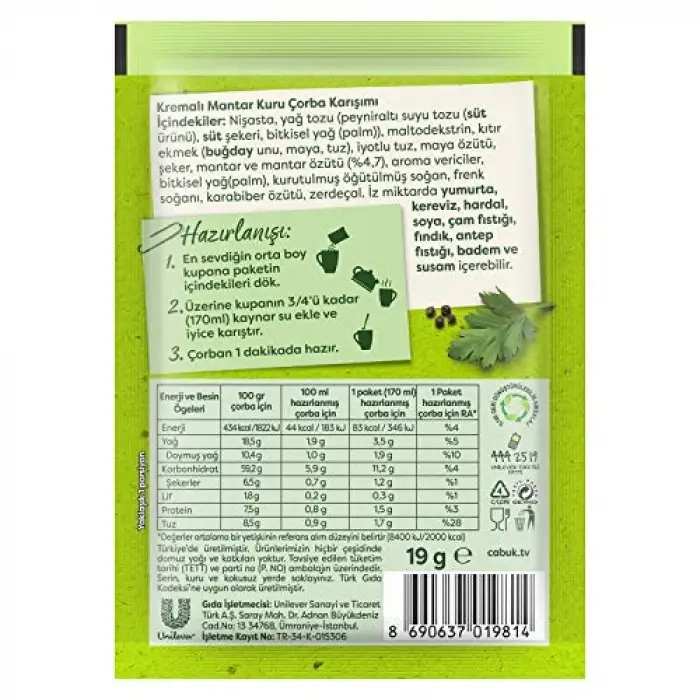 Kremalı mantar çabuk çorbası, 19 g, 2 paket