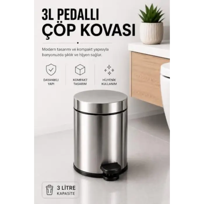 Krom Pedallı Çöp Kovası 3 Lt Eko
