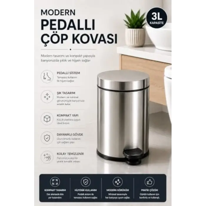 Krom Pedallı Çöp Kovası 3 Lt Eko