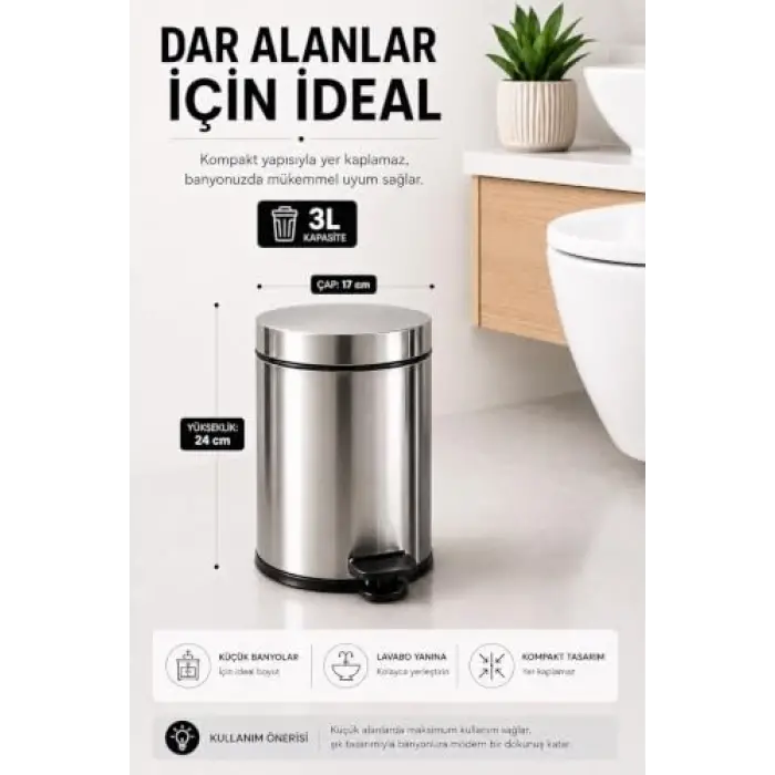 Krom Pedallı Çöp Kovası 3 Lt Eko