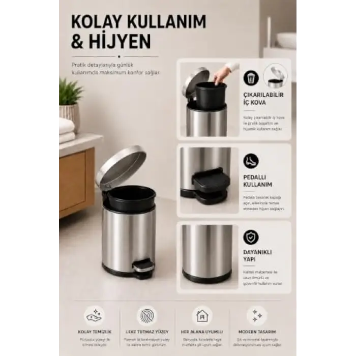 Krom Pedallı Çöp Kovası 3 Lt Eko